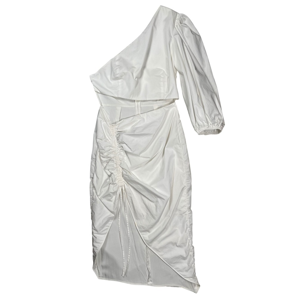 SAU LEE Jolene Dress Women 2 White Cutout One Shoulder Puff Sleeve Asymmetrical